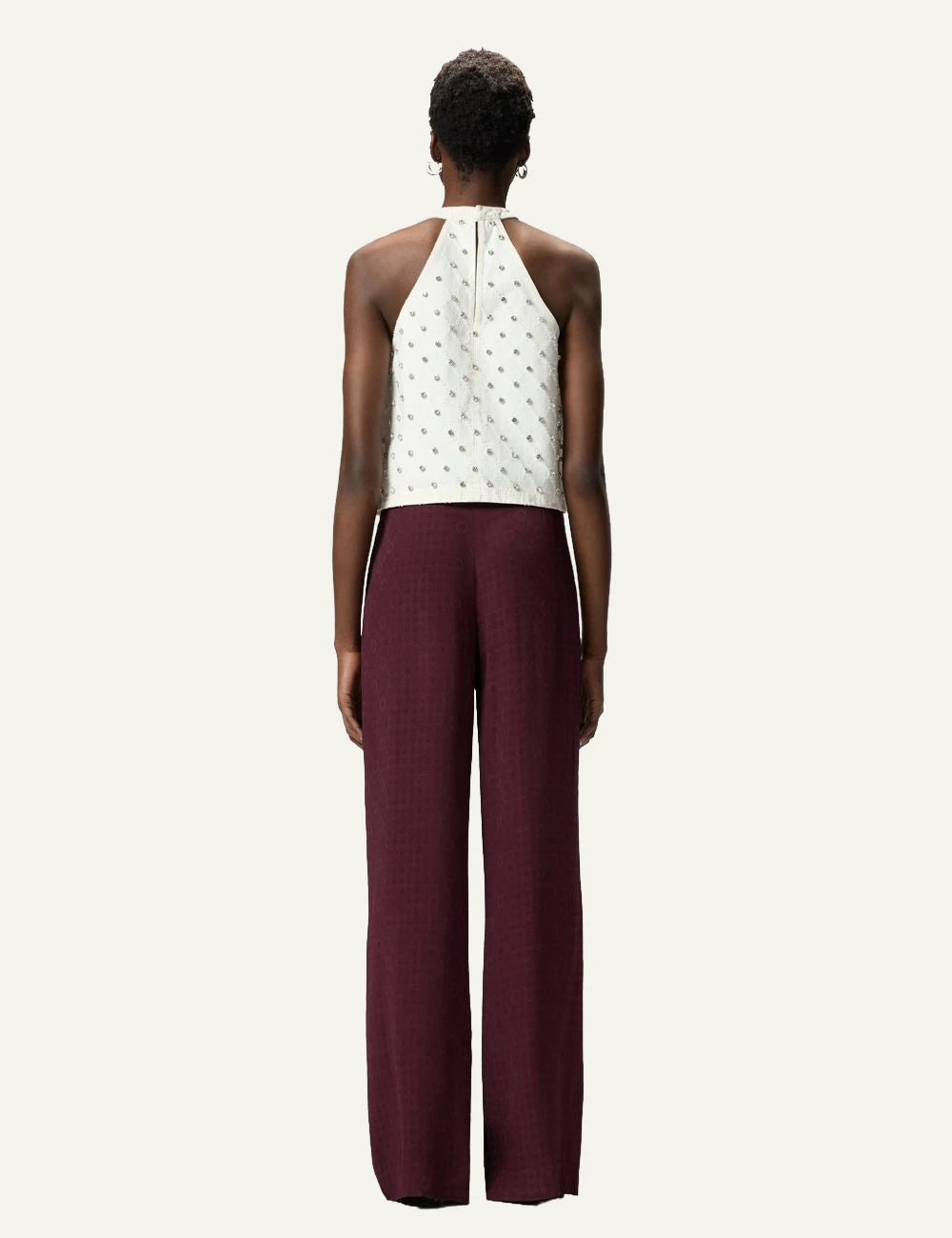 Pinko Ruth wide leg jacquard trousers burgundy back view