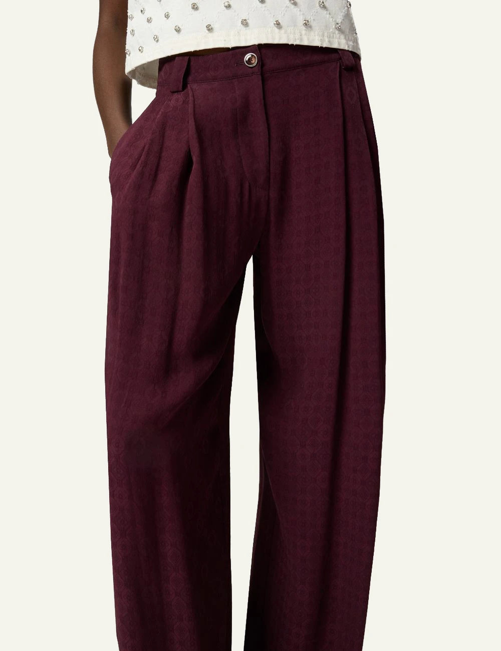 Pinko Ruth wide leg jacquard trousers burgundy front model view
