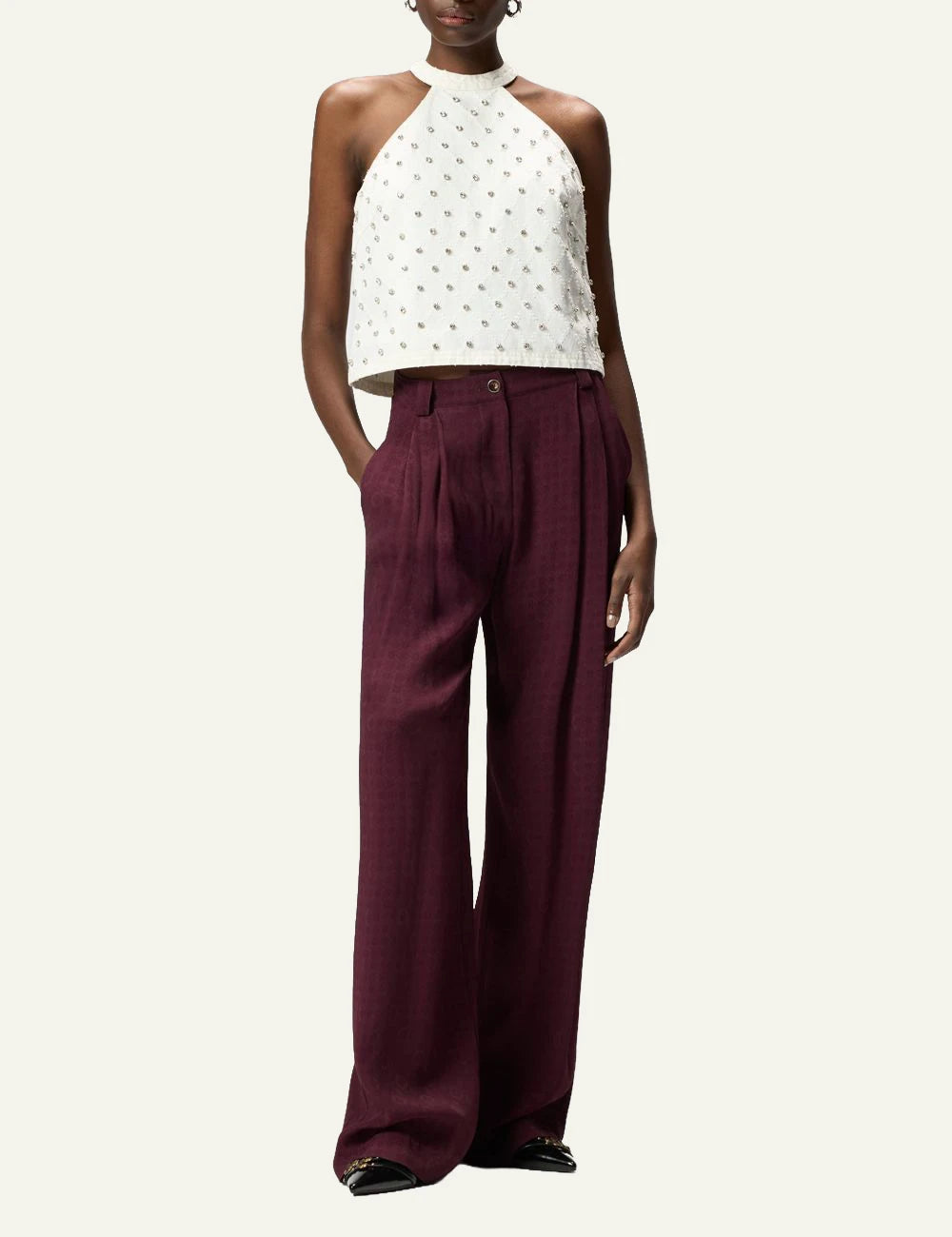 Pinko Ruth wide leg jacquard trousers burgundy front full body view