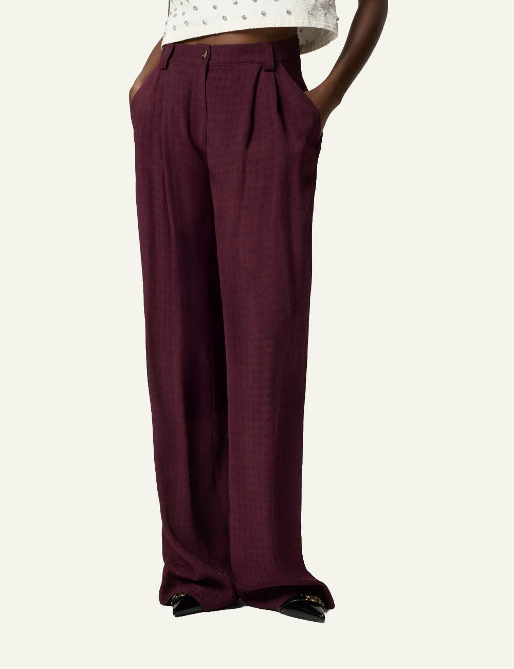 Pinko Ruth wide leg jacquard trousers burgundy side view