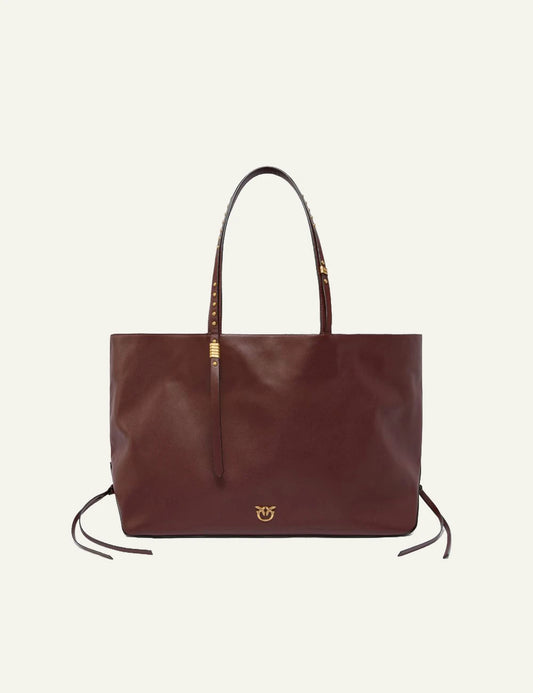 Pinko shopper bag brown leather medium elongated shoulder bag front view
