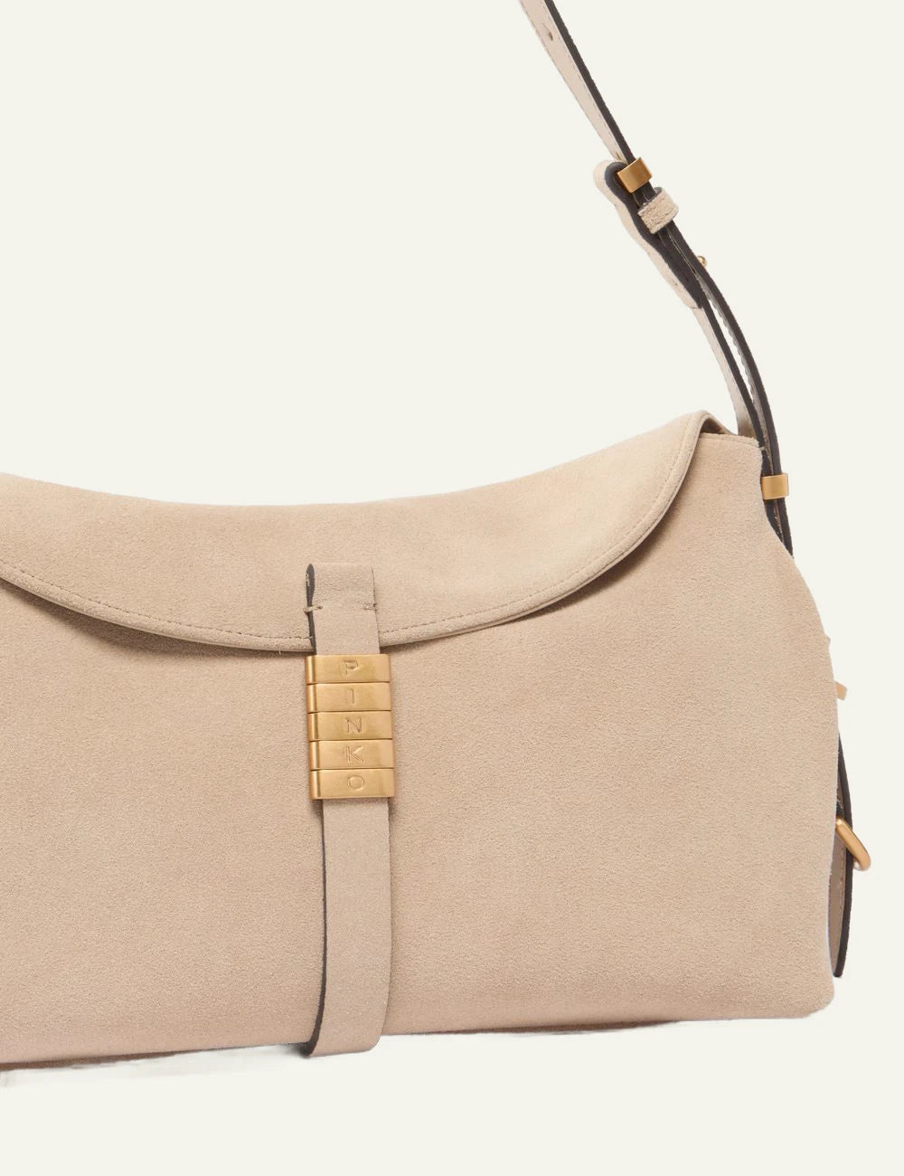 Pinko shoulder bag beige suede saddle baguette adjustable strap front detail view