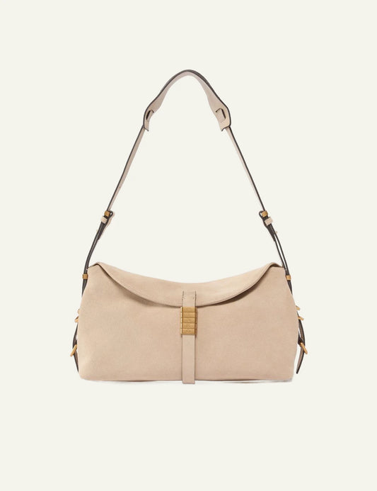 Pinko shoulder bag beige suede saddle baguette adjustable strap front view