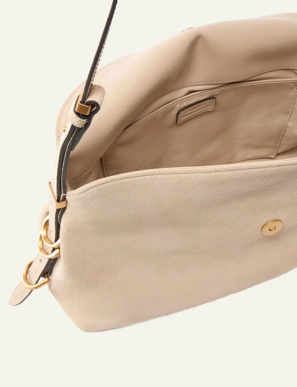 Pinko shoulder bag beige suede saddle baguette adjustable strap top view