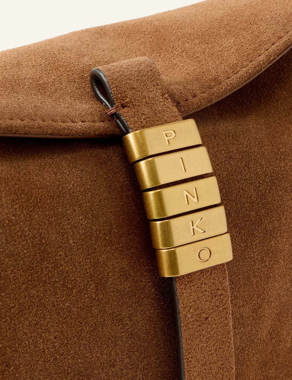 Pinko shoulder bag brown suede adjustable strap front detail view