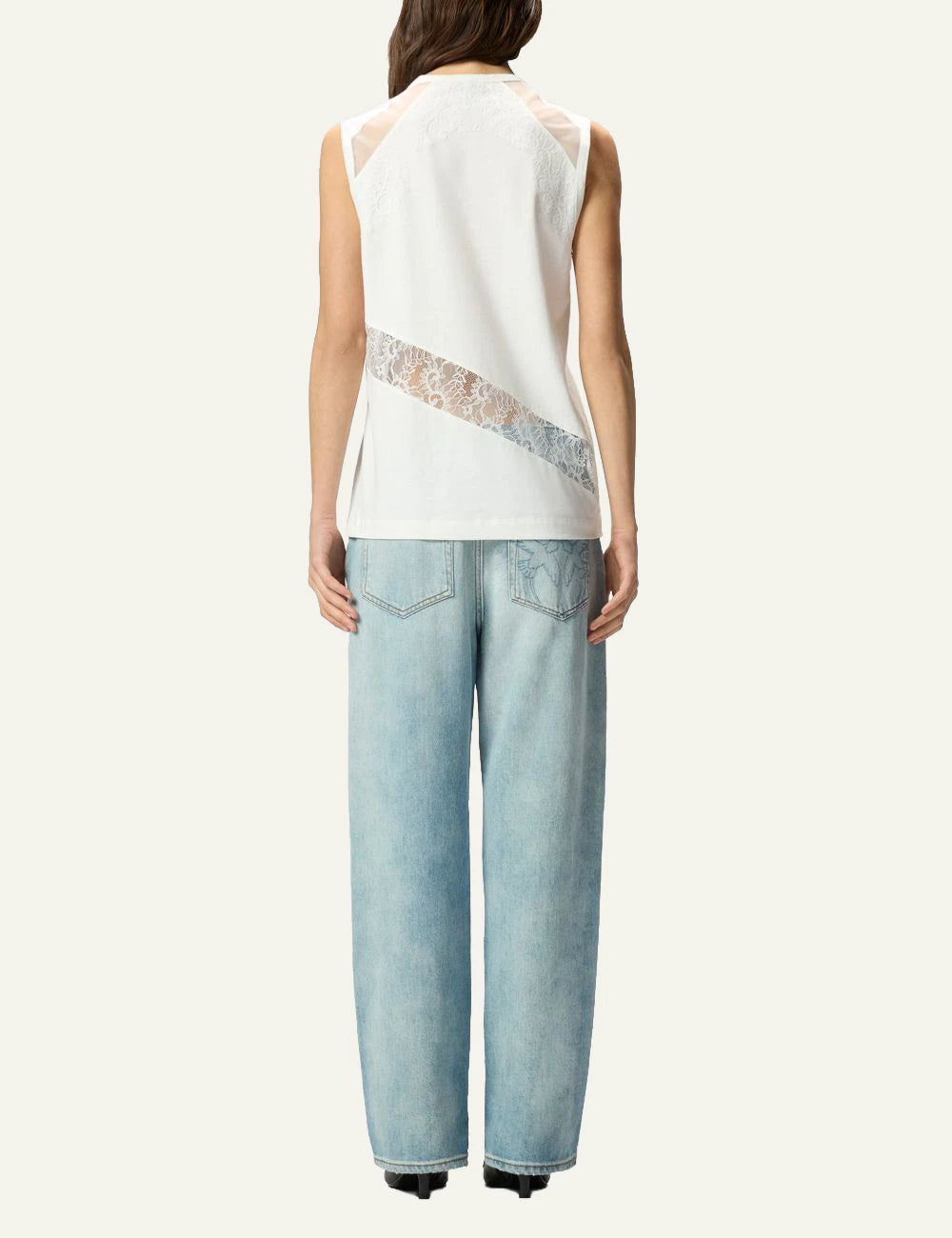 Pinko sleeveless top white cotton jersey lace detail back view