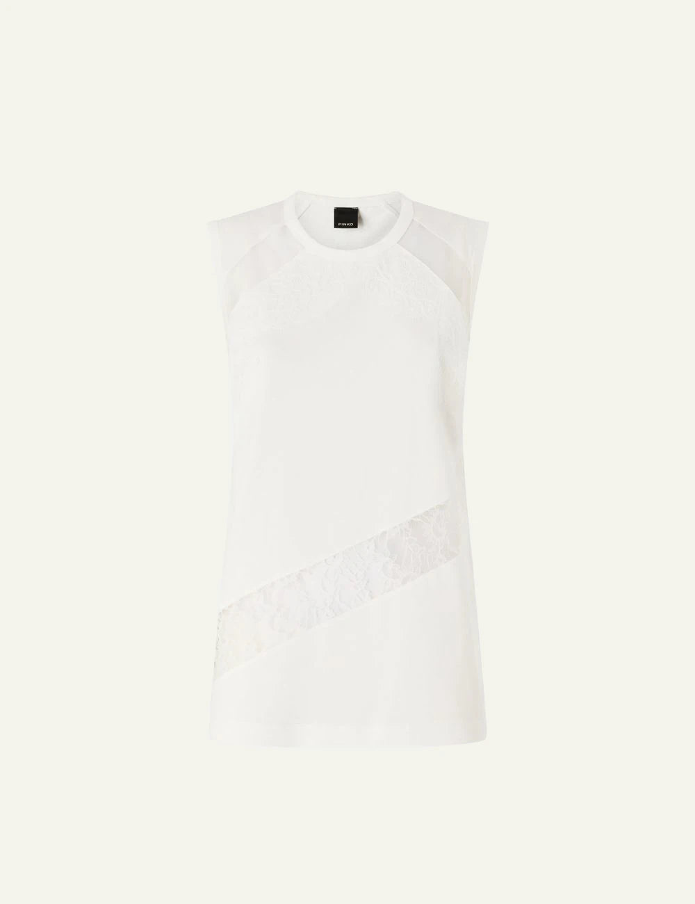 Pinko sleeveless top white cotton jersey lace detail front flat view