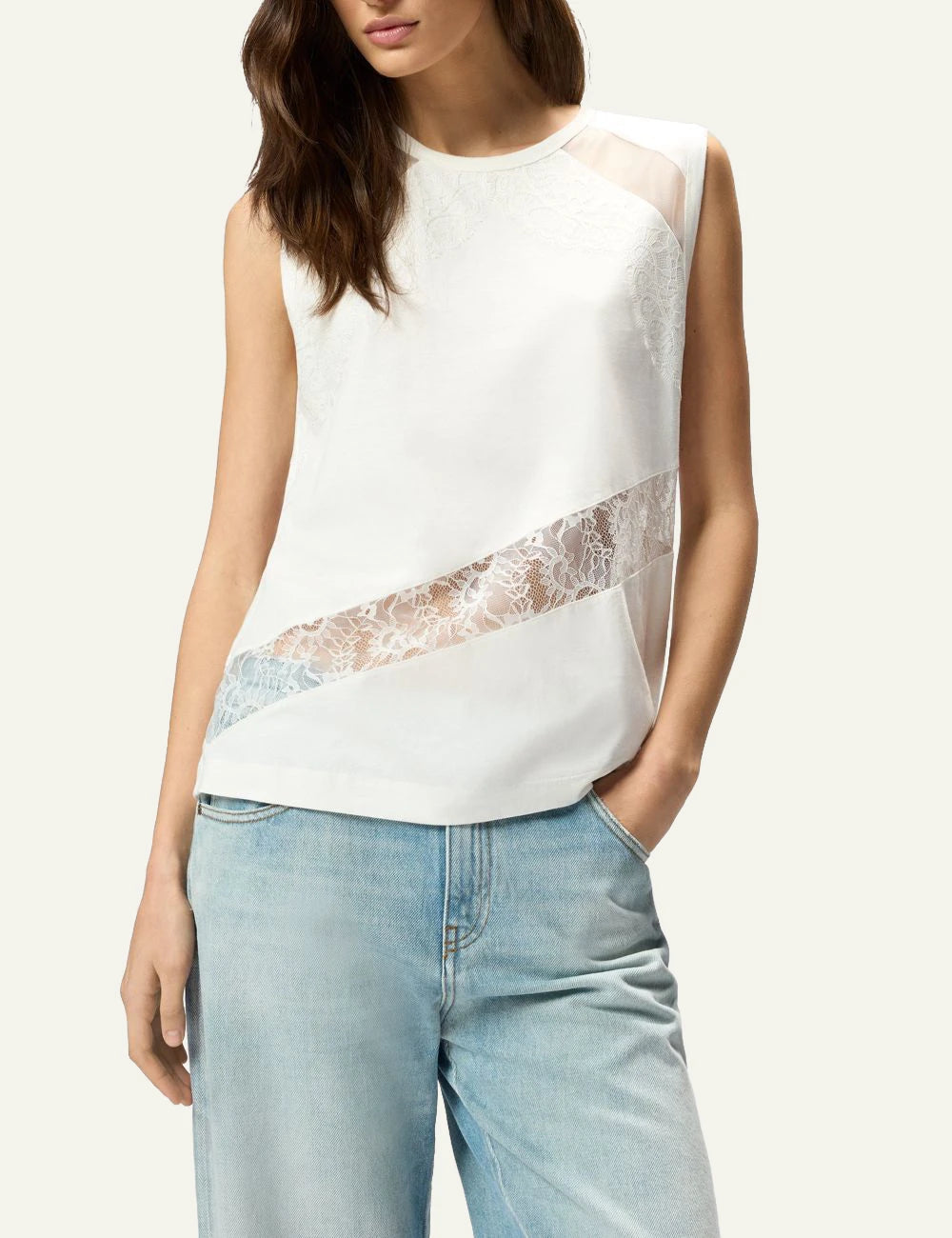 Pinko sleeveless top white cotton jersey lace detail front model view
