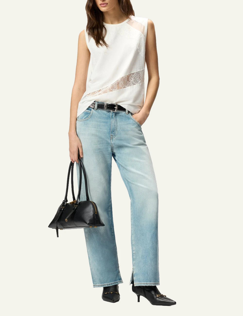 Pinko sleeveless top white cotton jersey lace detail front full body view