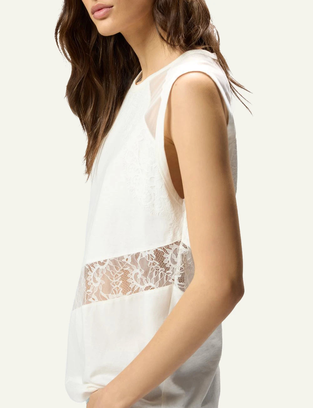 Pinko sleeveless top white cotton jersey lace detail side view