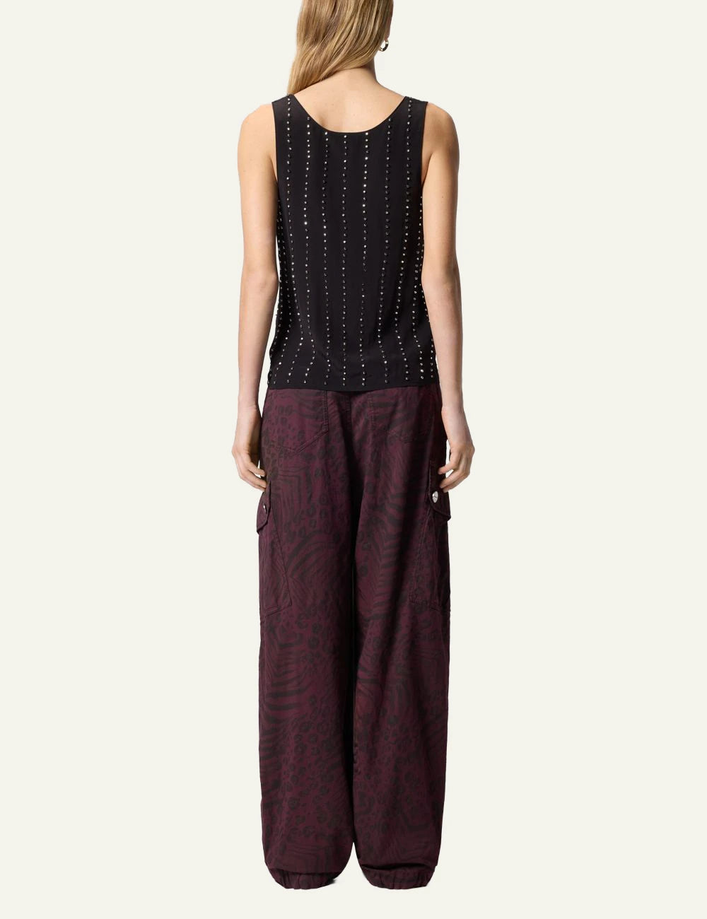 Pinko black sleeveless top viscose crepe embellished stripes crystals back view