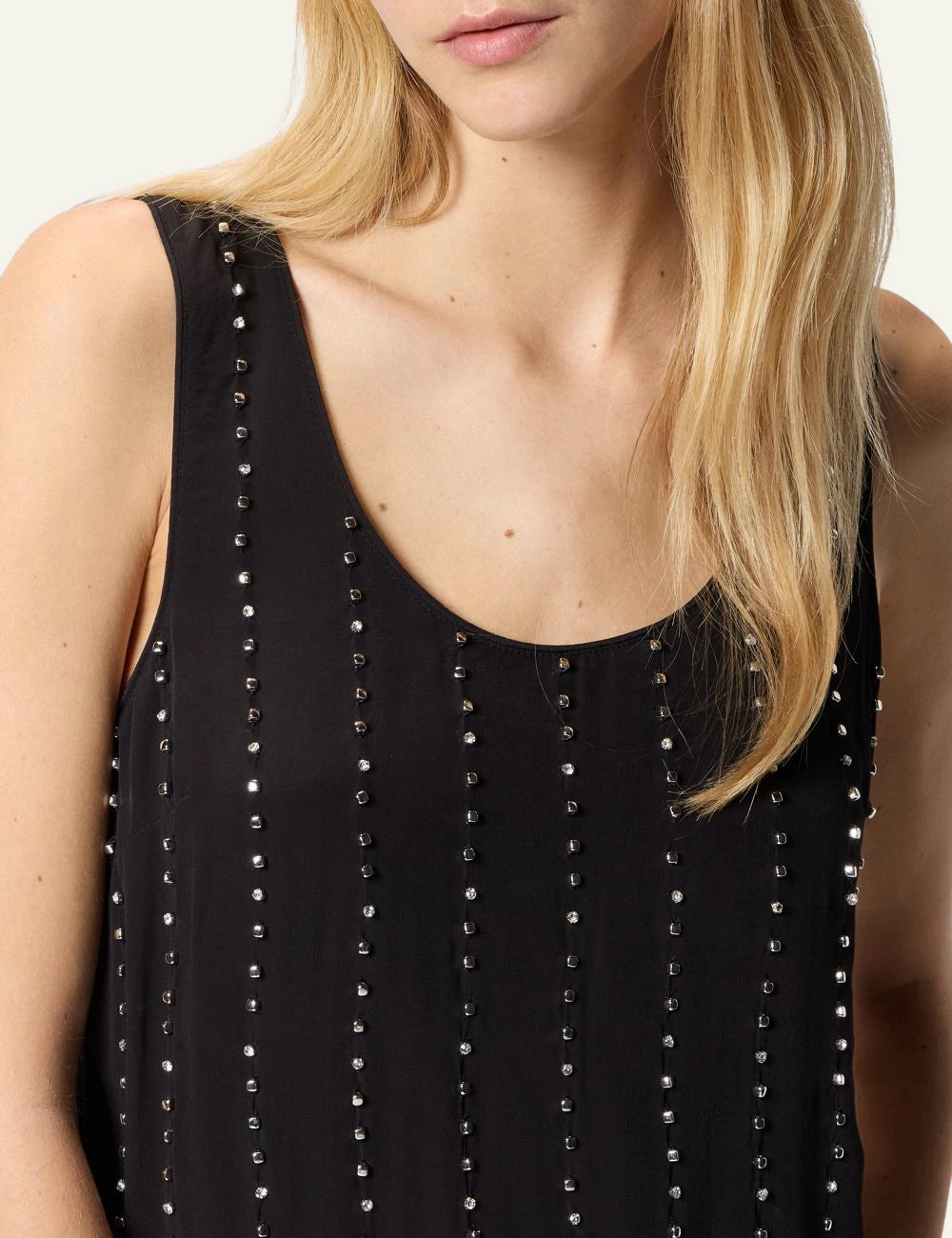 Pinko black sleeveless top viscose crepe embellished stripes crystals front detail view