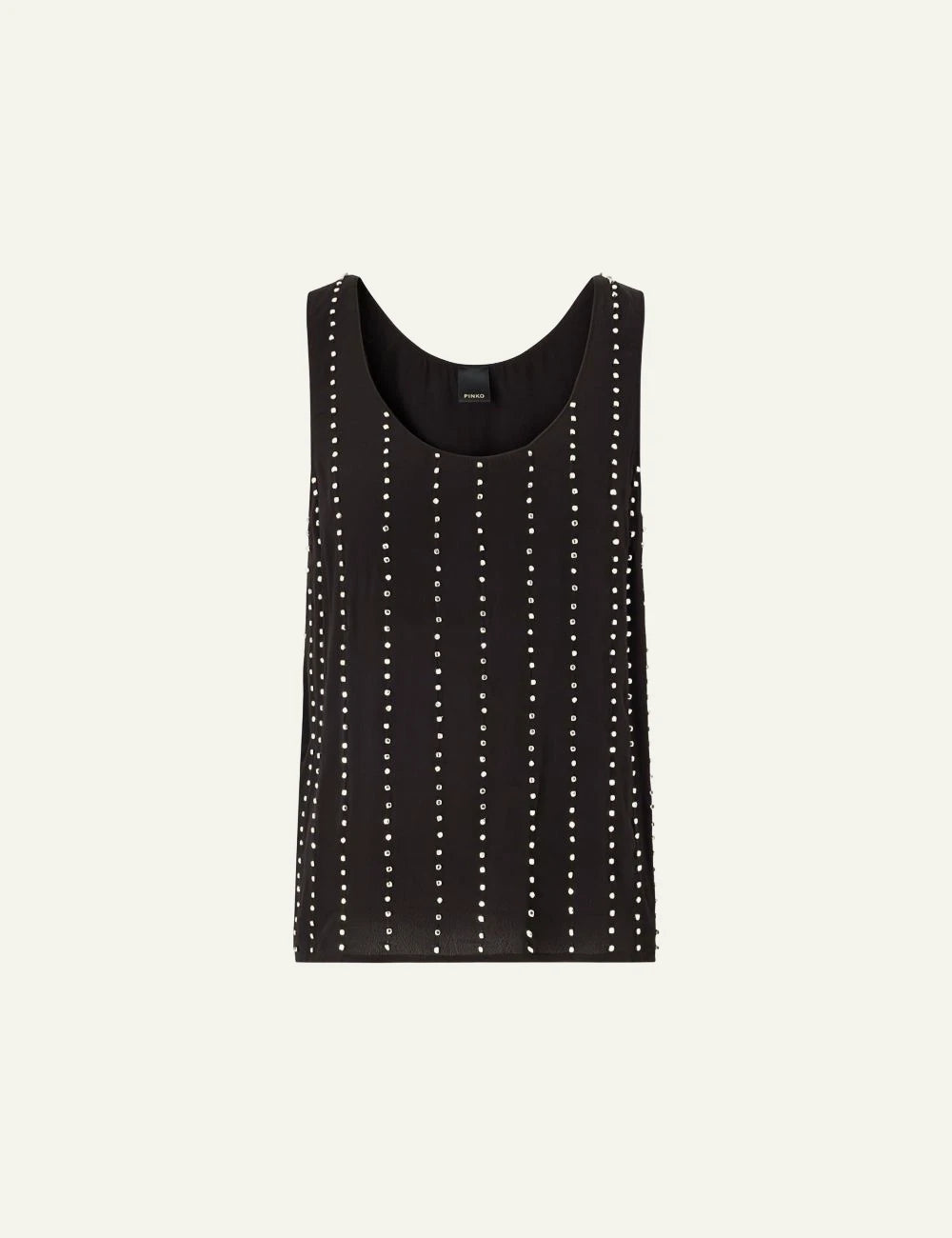 Pinko black sleeveless top viscose crepe embellished stripes crystals front flat view