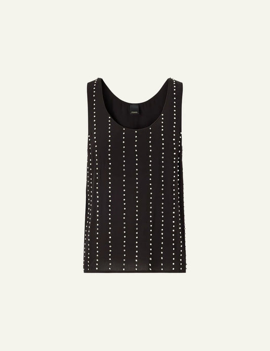 Pinko black sleeveless top viscose crepe embellished stripes crystals front flat view