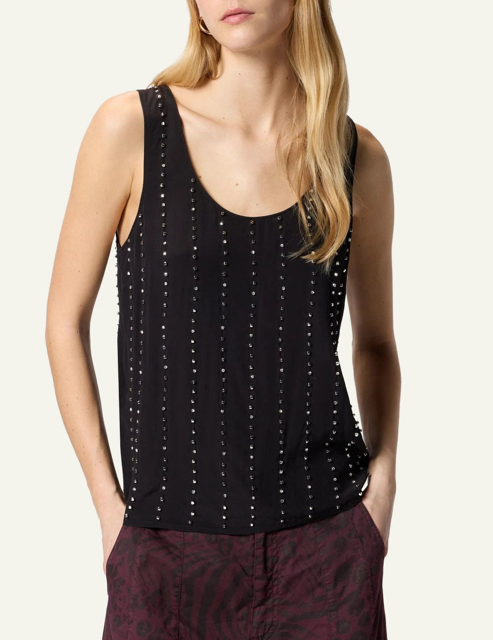 Pinko black sleeveless top viscose crepe embellished stripes crystals front model view