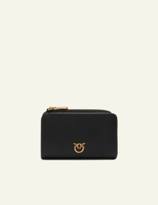Pinko small wallet black leather me Love Birds logo zip coin compartment front view