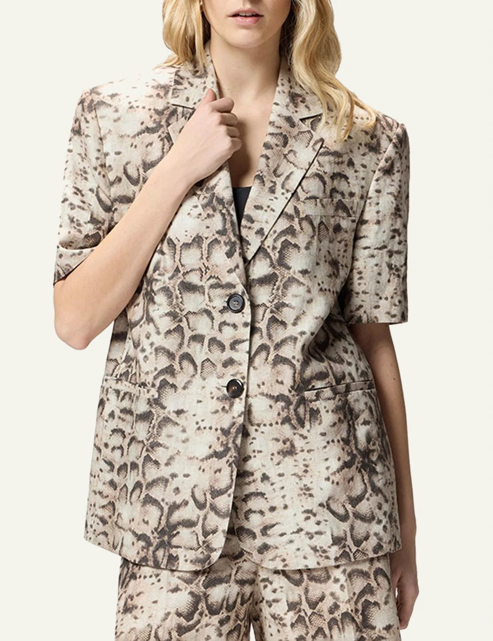 Pinko blazer snake print beige short sleeve front model view