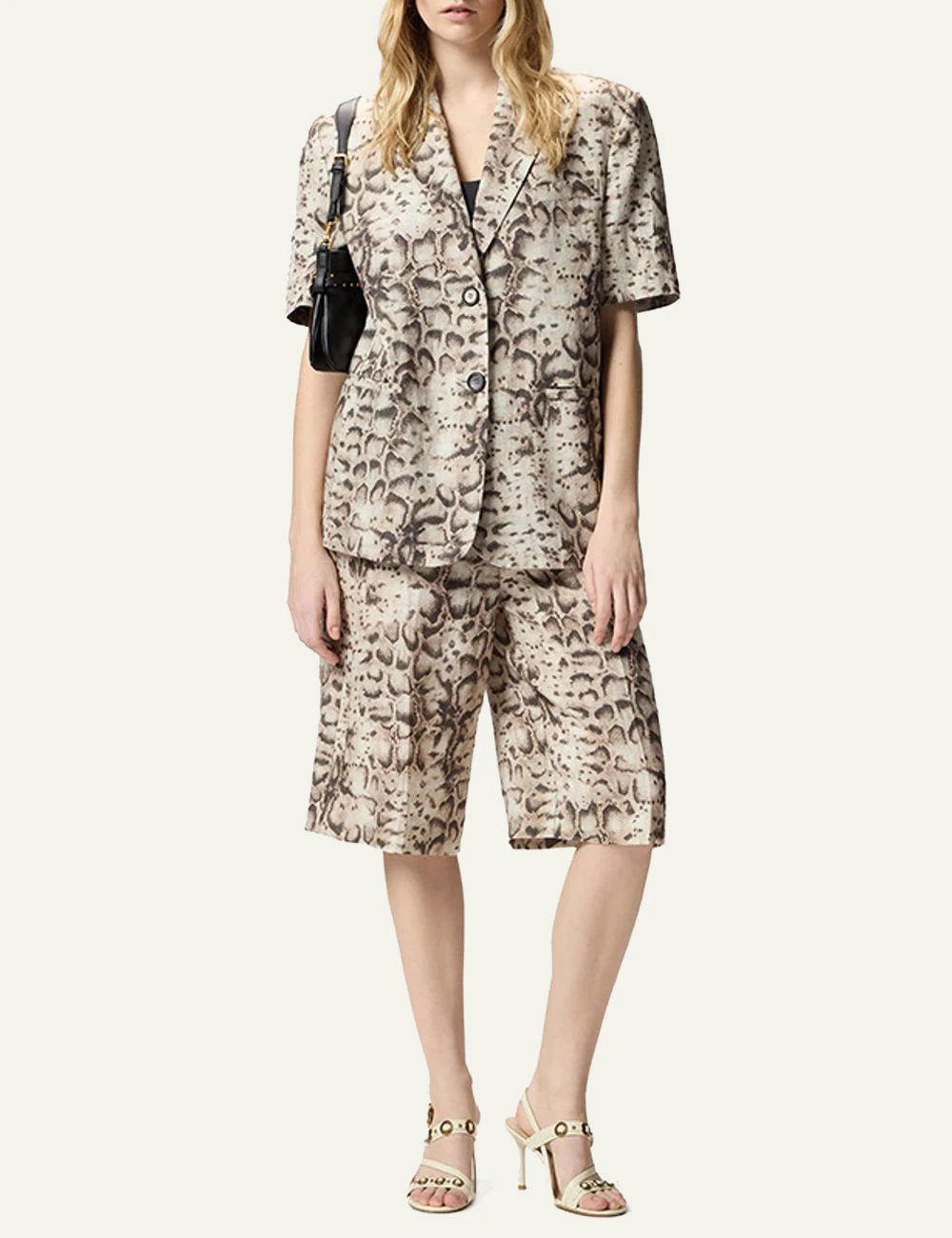 Pinko blazer snake print beige short sleeve front full body view