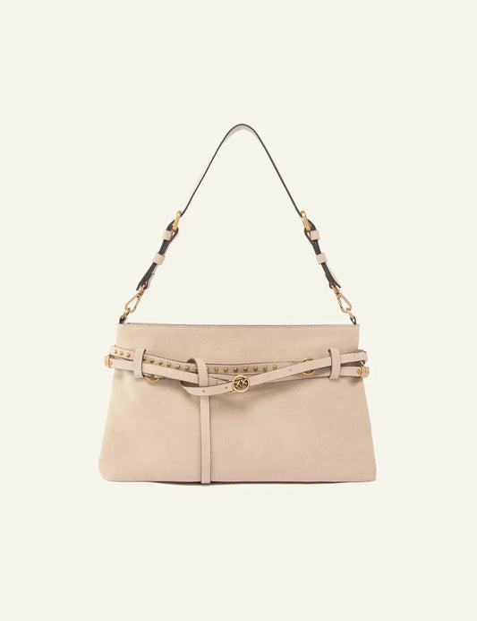 Pinko suede belt bag beige studs details shoulder front view