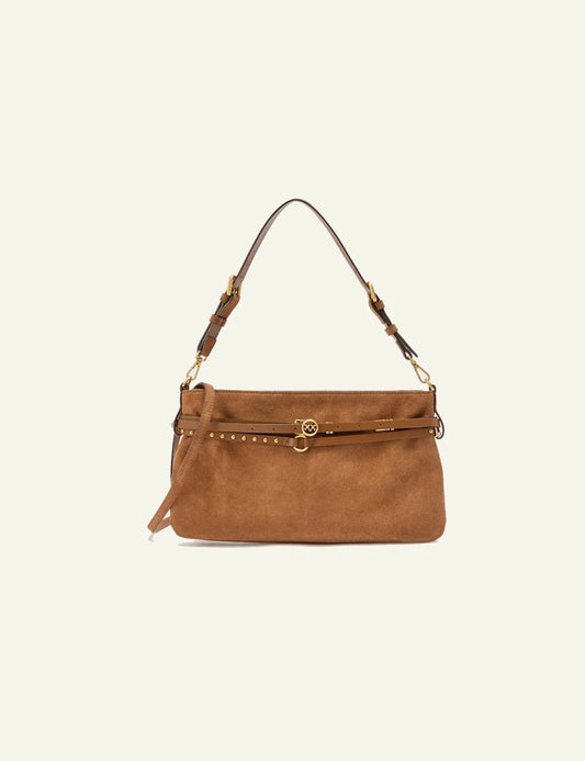 Pinko suede belt bag brown studs details shoulder front view