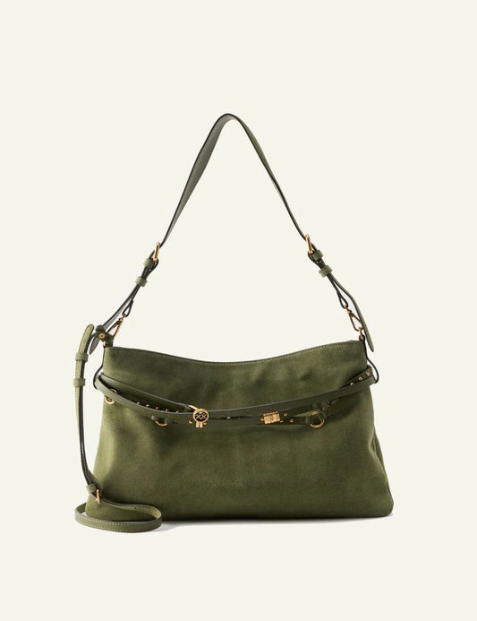 Pinko suede belt bag green studs details shoulder front view
