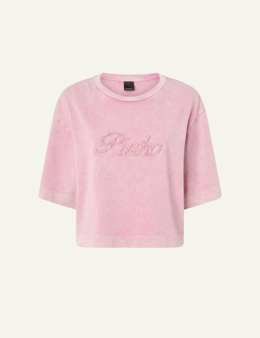Pinko Suzanna cropped t-shirt pink marble effect front view