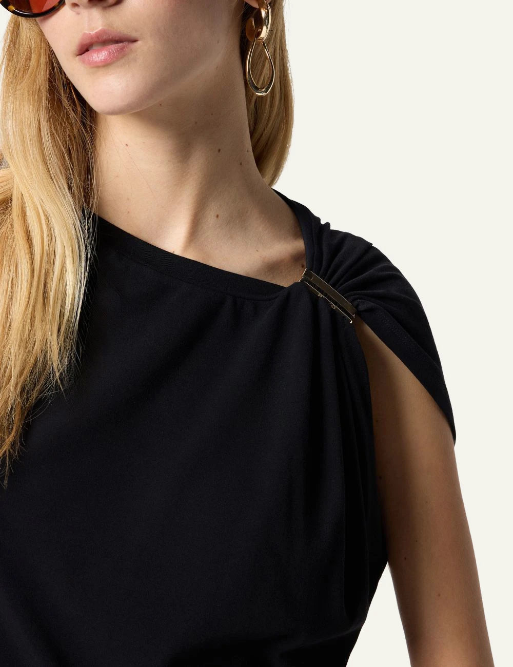 Pinko black top cotton Supima draped shoulder gold detail front detail view