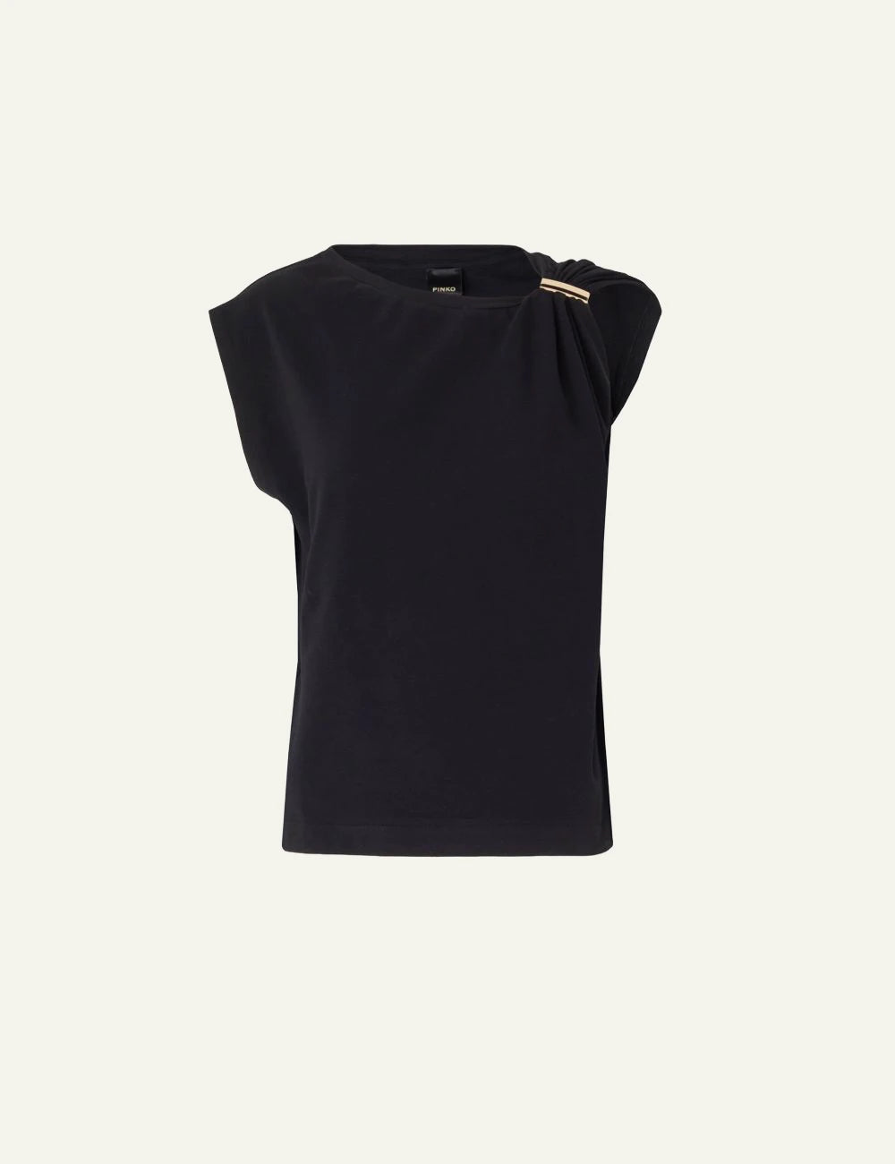 Pinko black top cotton Supima draped shoulder gold detail front flat view