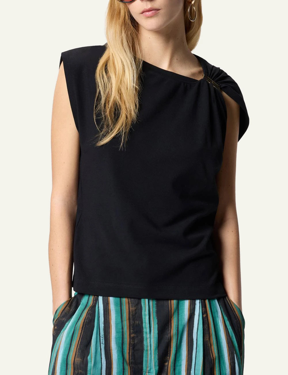 Pinko black top cotton Supima draped shoulder gold detail front model view