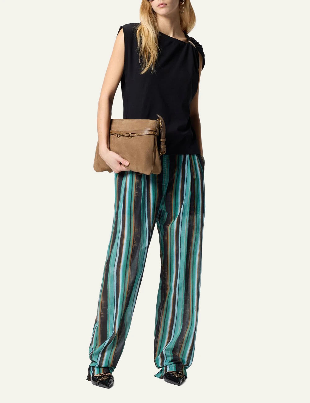 Pinko black top cotton Supima draped shoulder gold detail front full body view