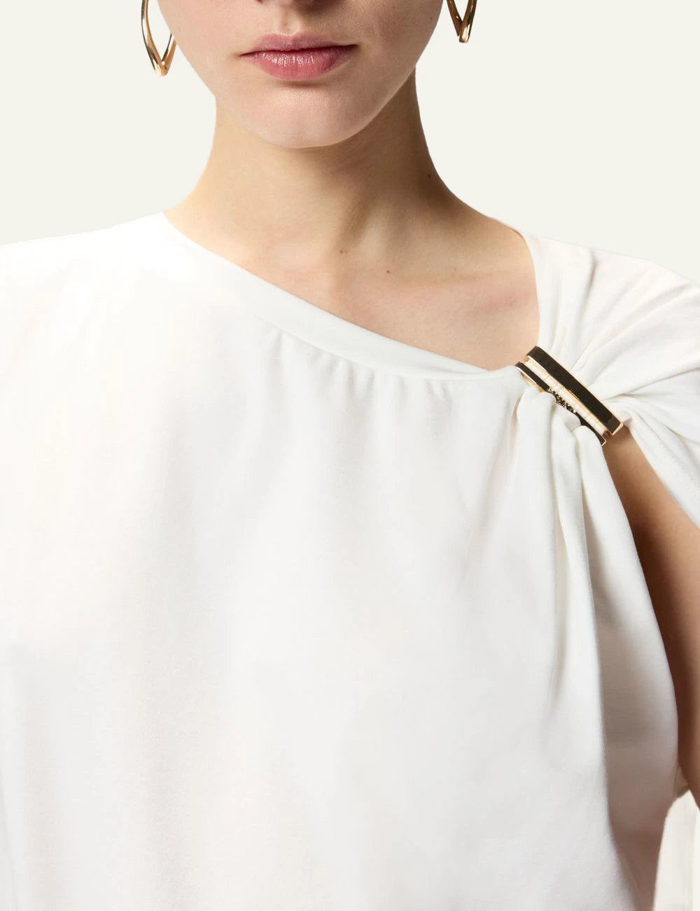 Pinko white top cotton Supima draped shoulder gold detail front detail view