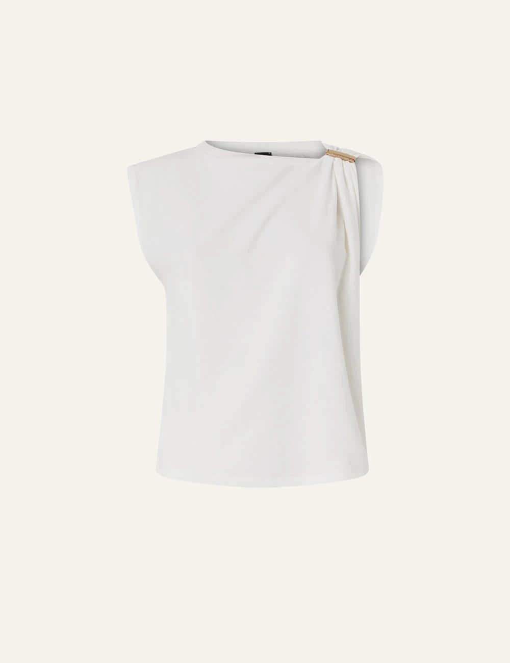 Pinko white top cotton Supima draped shoulder gold detail front flat view