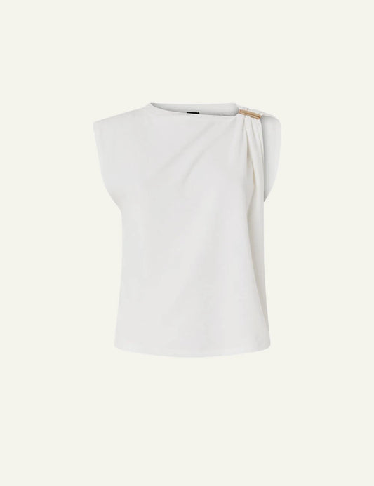 Pinko white top cotton Supima draped shoulder gold detail front flat view