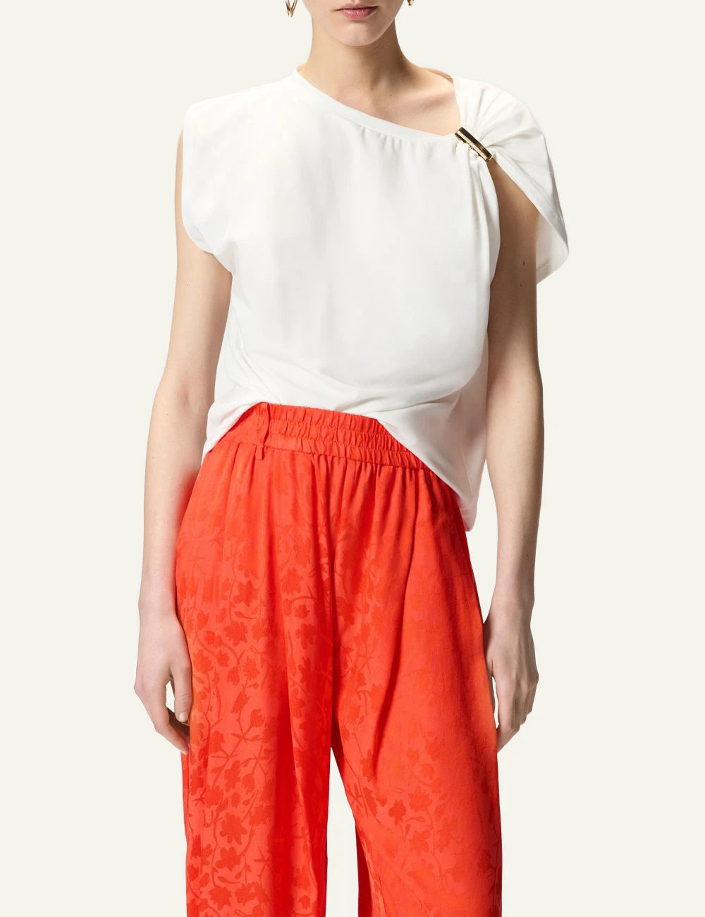 Pinko white top cotton Supima draped shoulder gold detail front model view