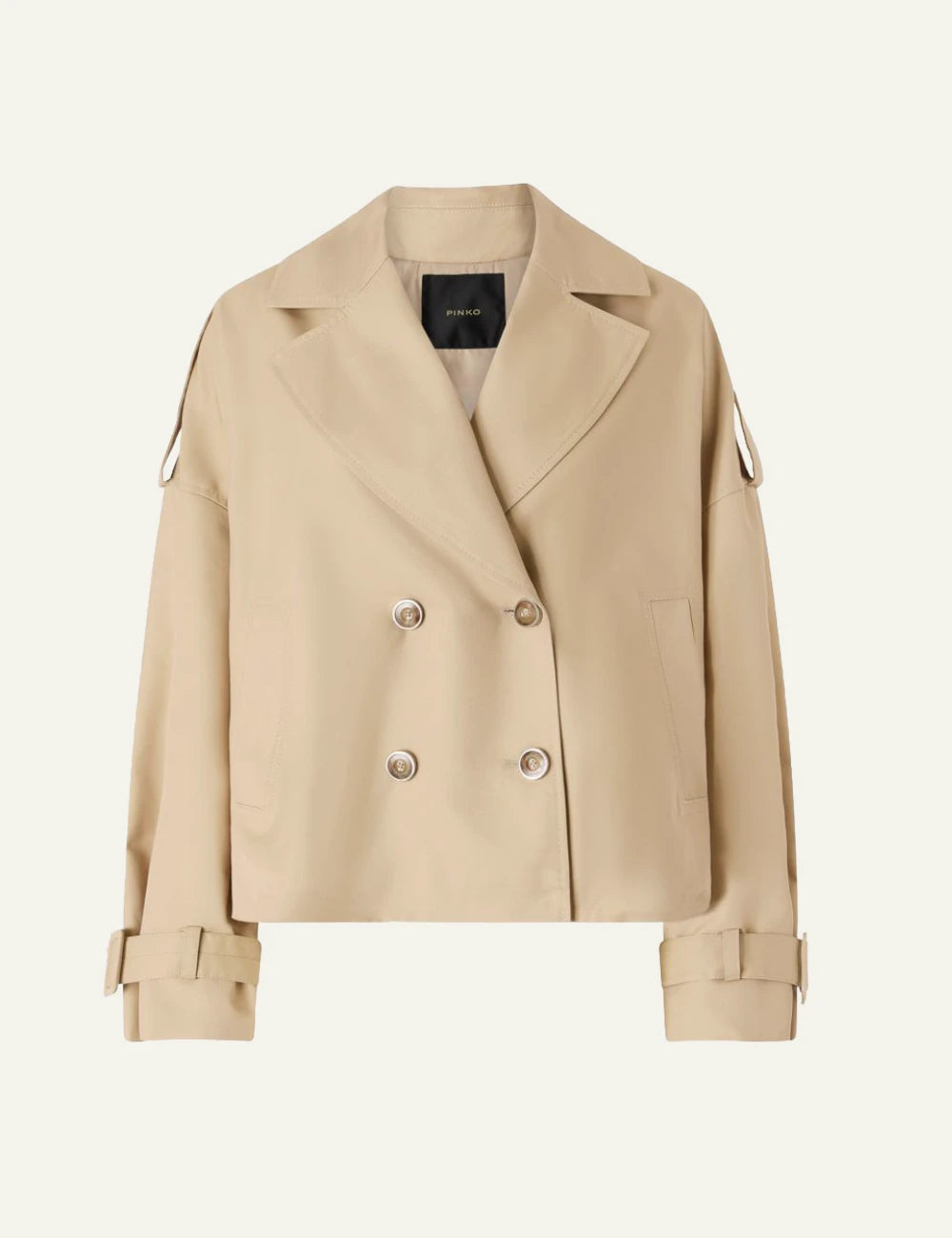 Pinko Triscia short trench coat beige double breasted front view