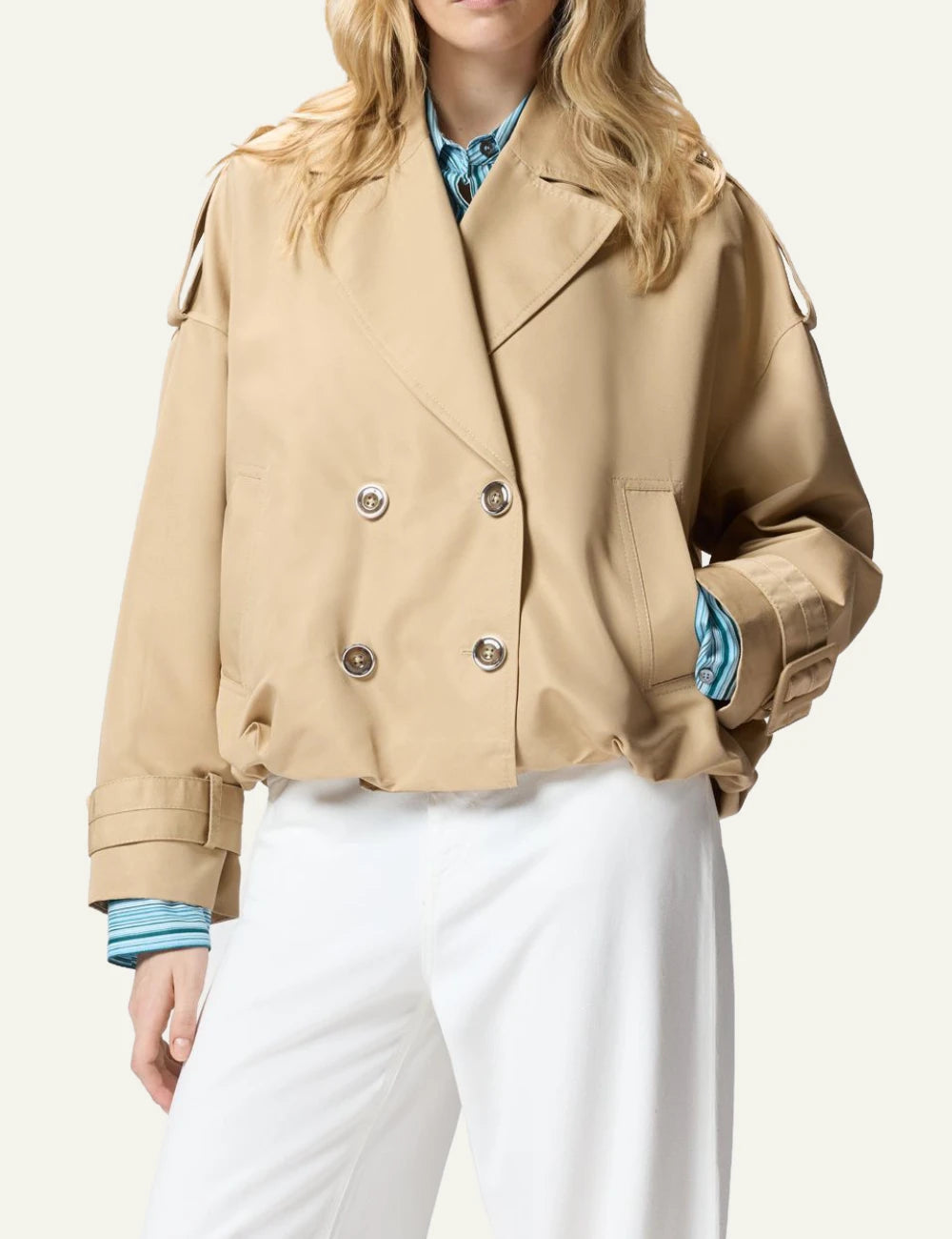 Pinko Triscia short trench coat beige double breasted front model view