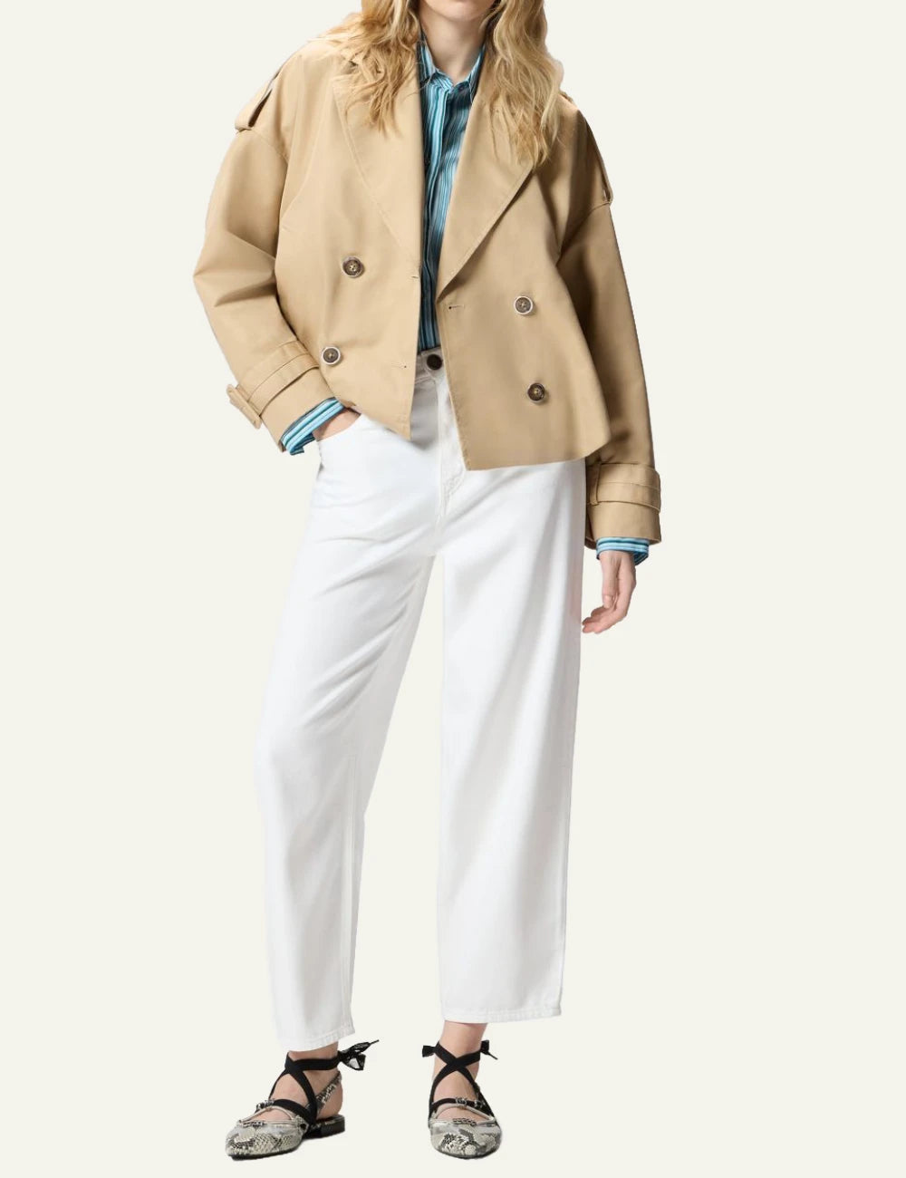 Pinko Triscia short trench coat beige double breasted front full body view