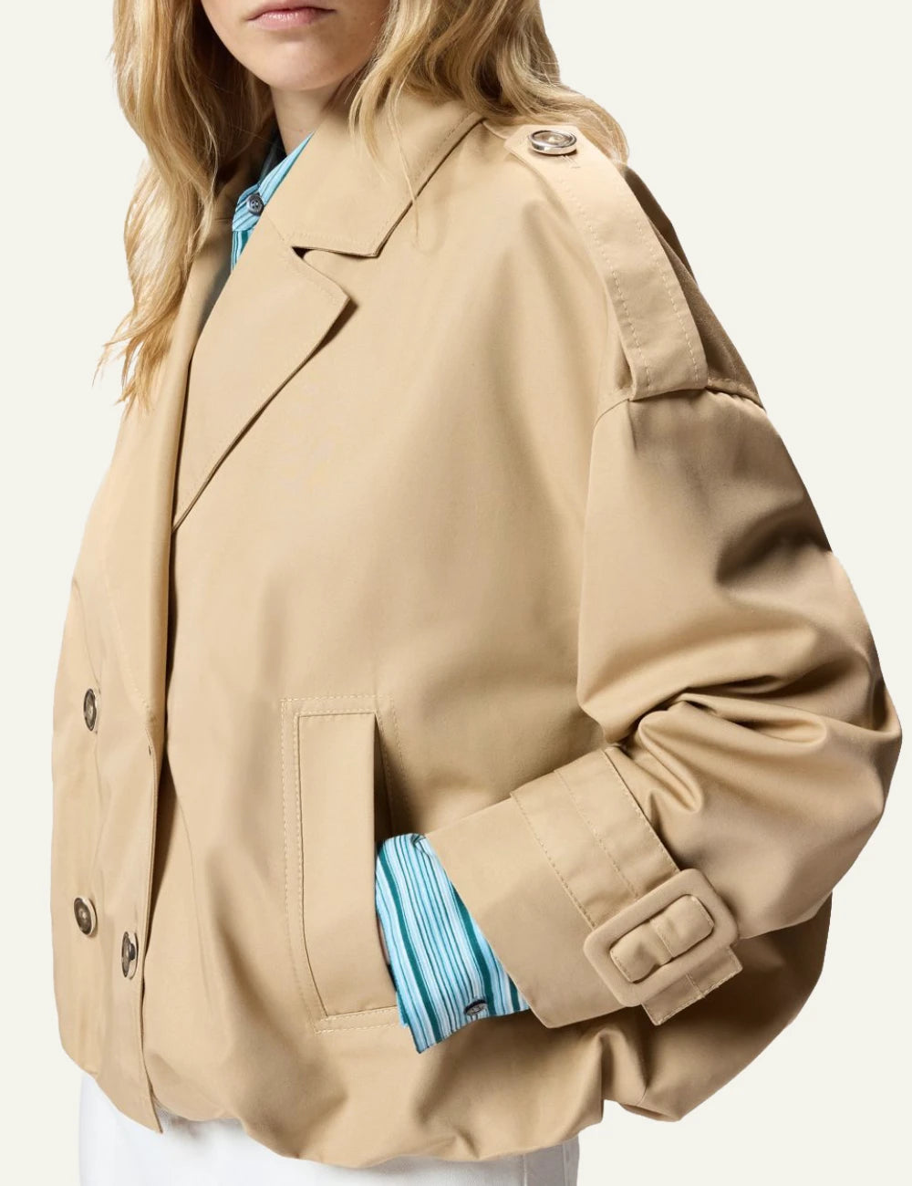Pinko Triscia short trench coat beige double breasted side view