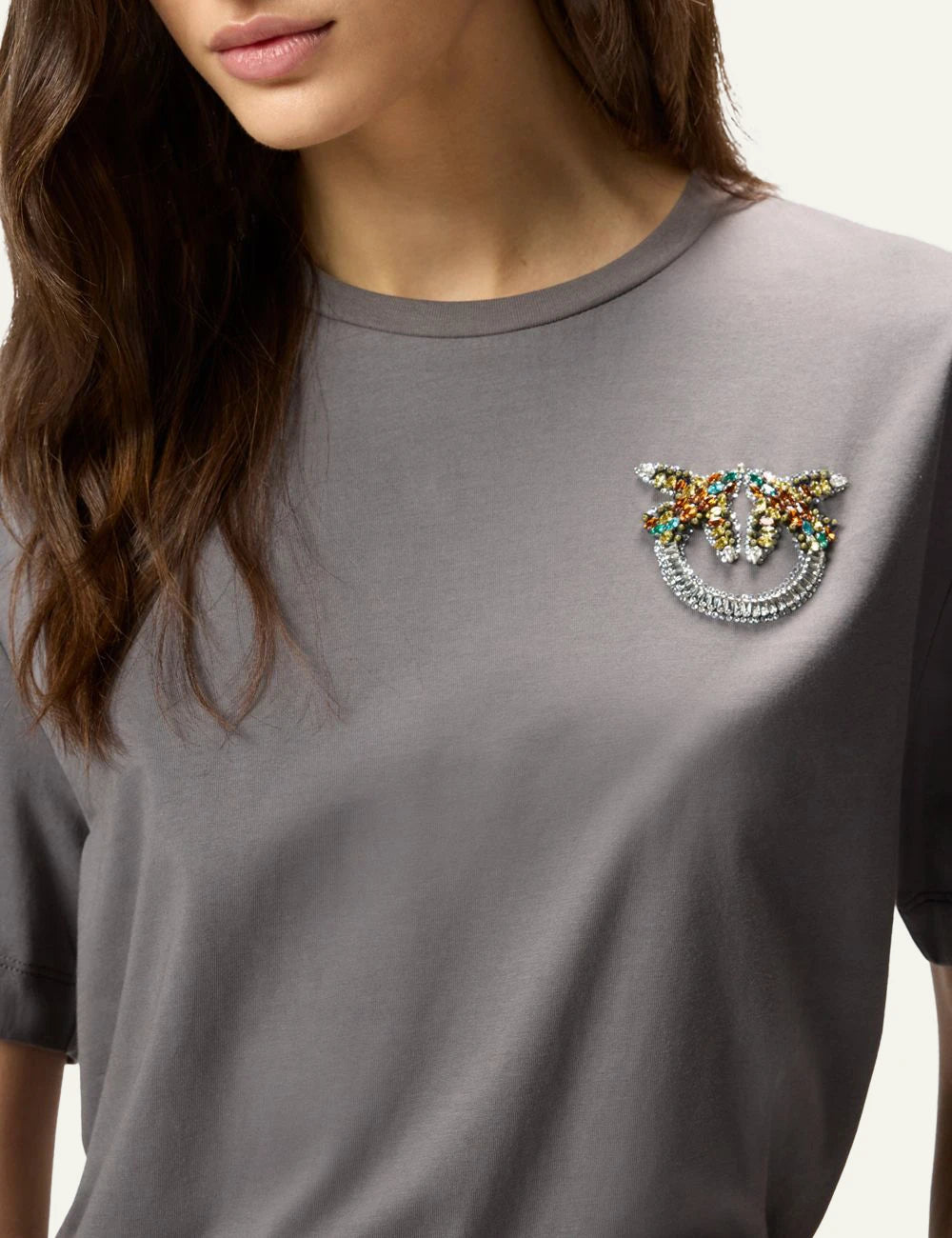 Pinko grey t-shirt cotton crystal Love Birds logo chest front detail view