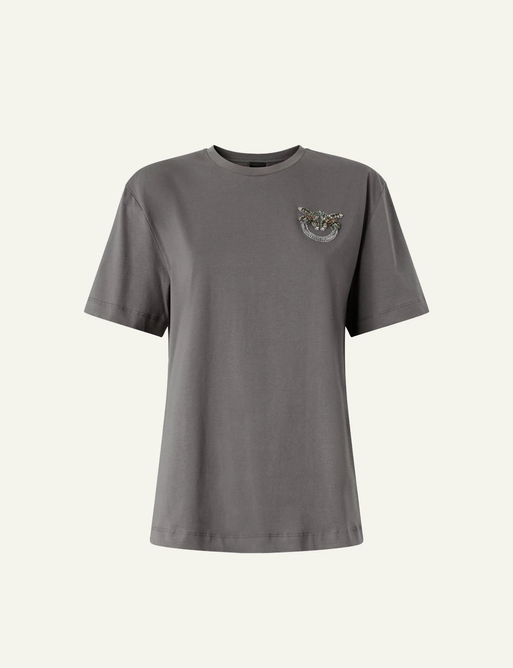 Pinko grey t-shirt cotton crystal Love Birds logo chest front flat view