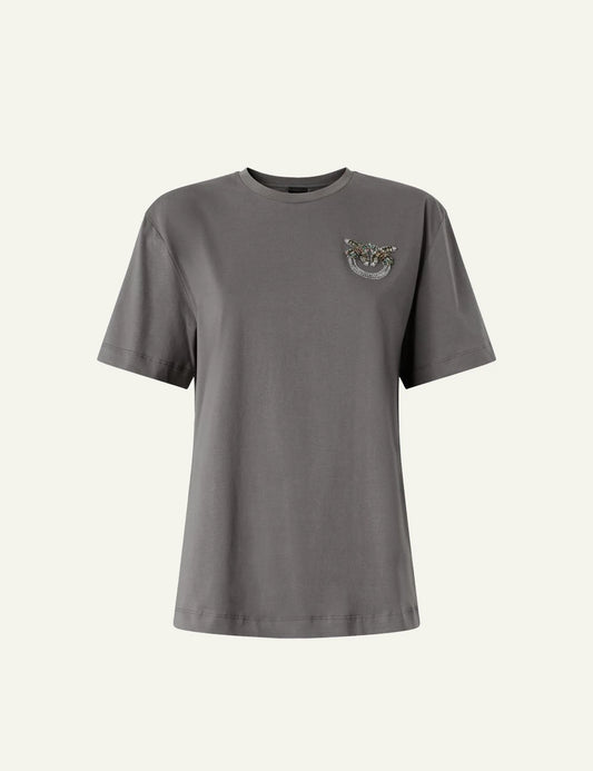 Pinko grey t-shirt cotton crystal Love Birds logo chest front flat view