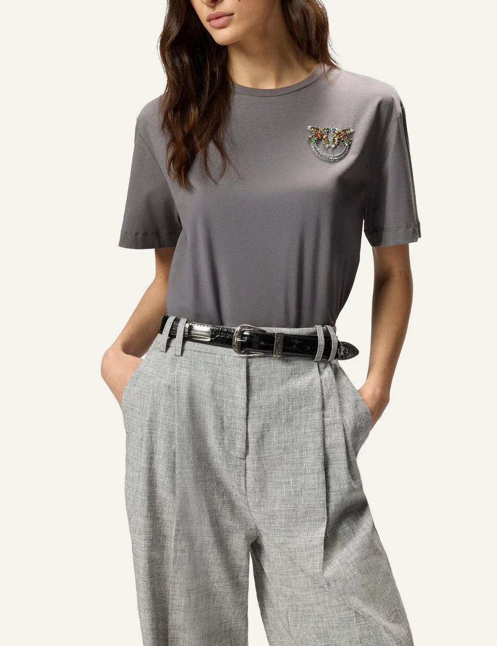Pinko grey t-shirt cotton crystal Love Birds logo chest front model view