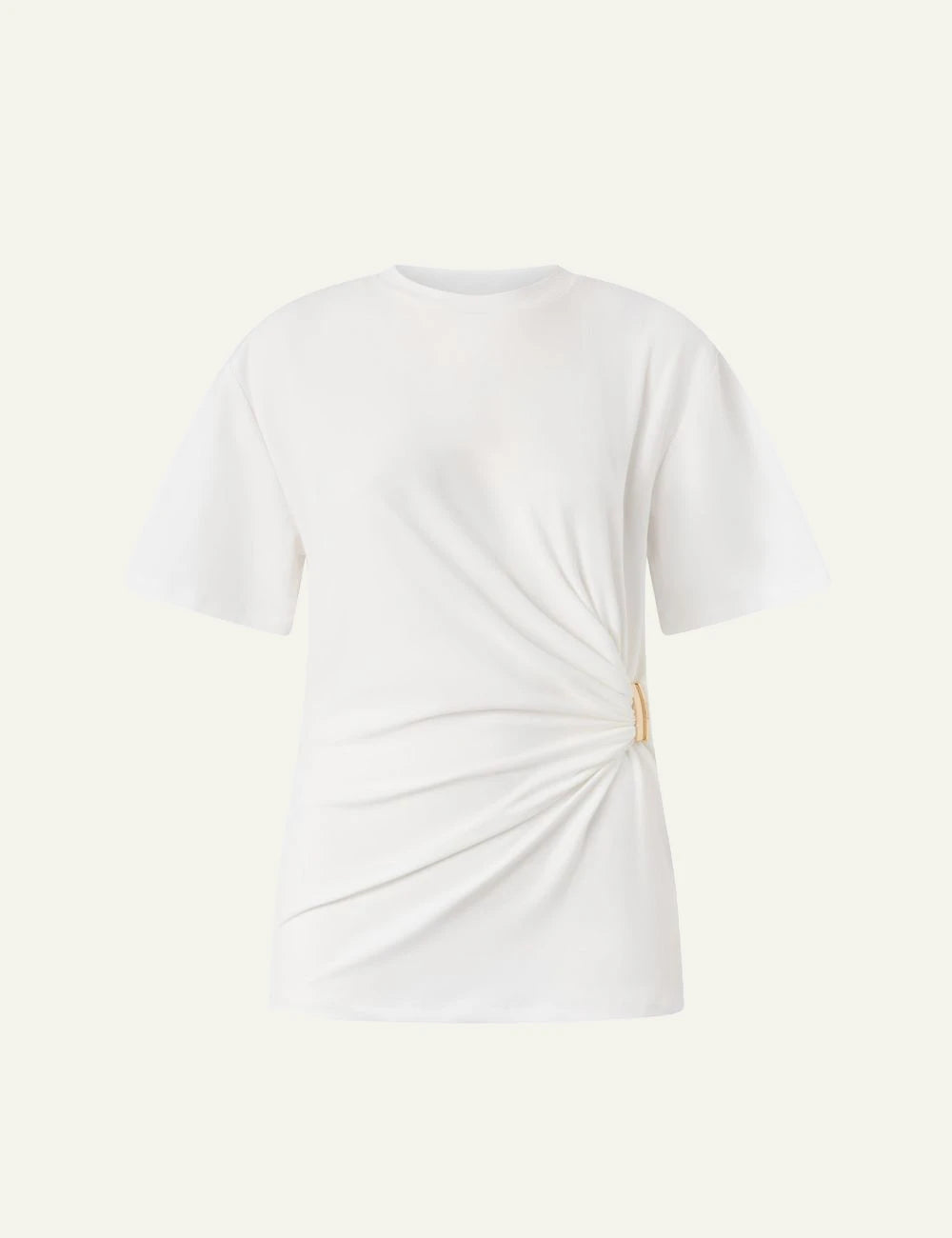 Pinko T-shirt white supima cotton draped gold detail front flat view
