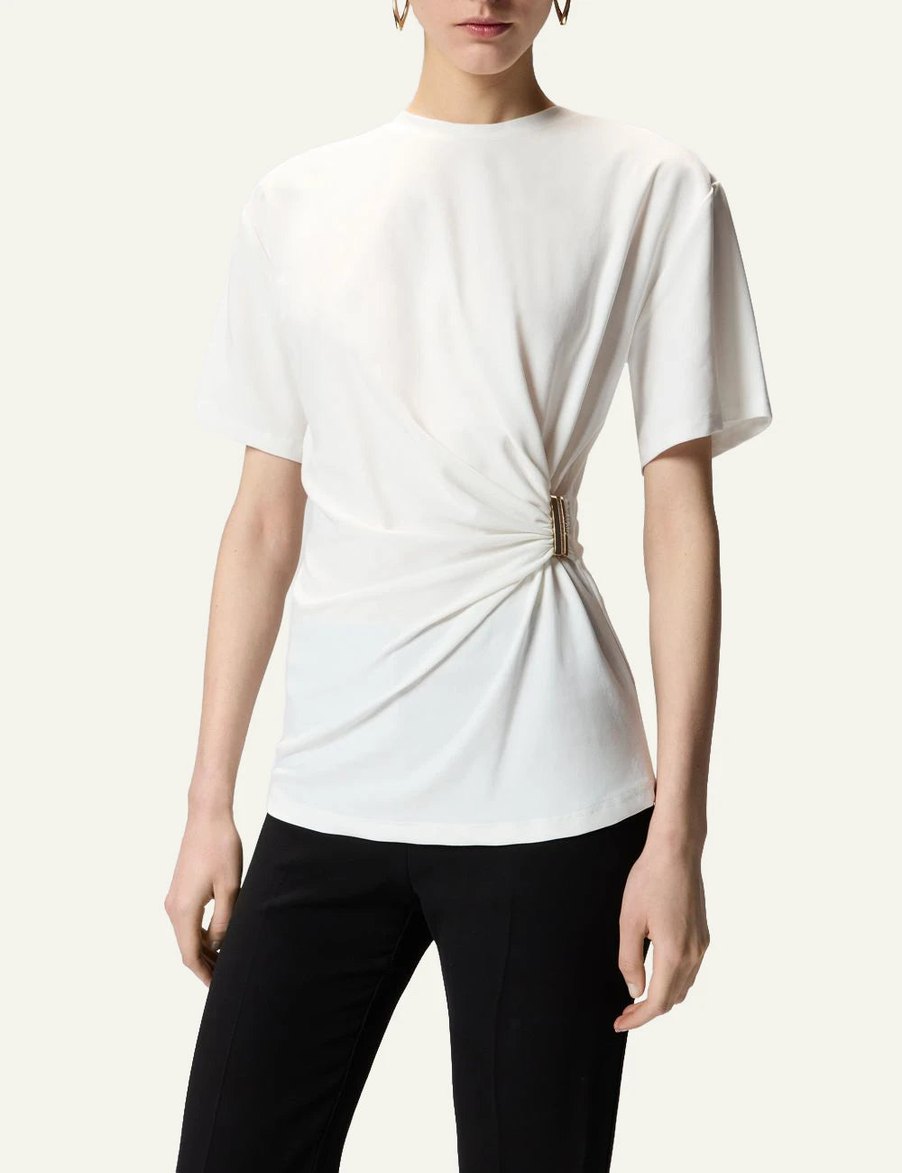 Pinko T-shirt white supima cotton draped gold detail front detail view