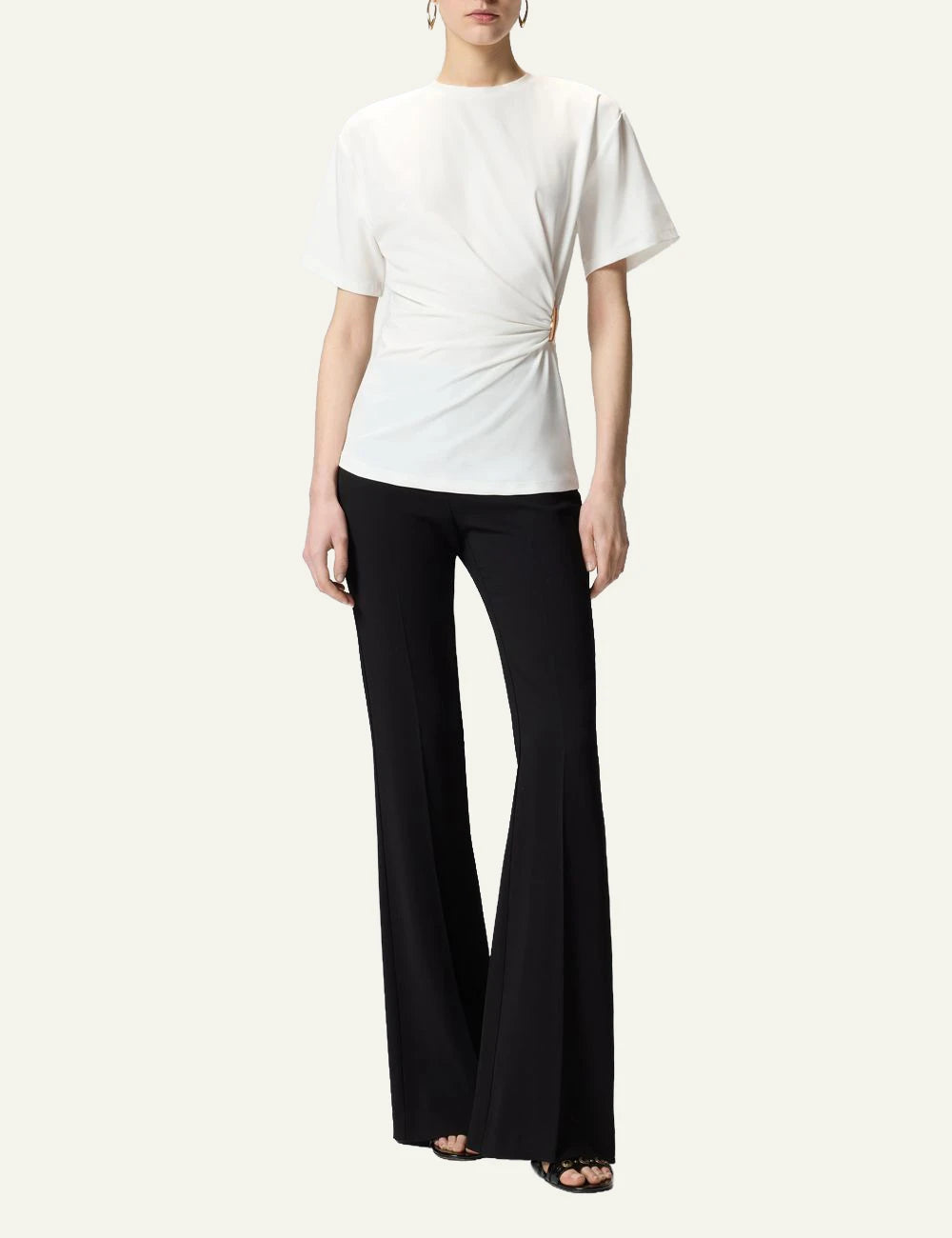 Pinko T-shirt white supima cotton draped gold detail front full body view