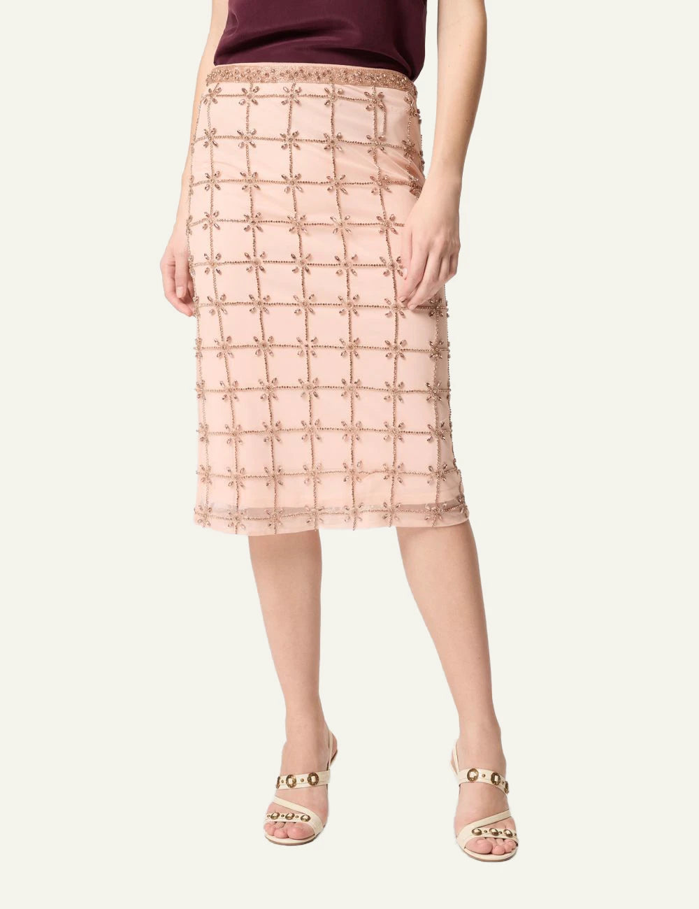 Pinko tulle skirt beige embroidered crystals beads midi front full body view