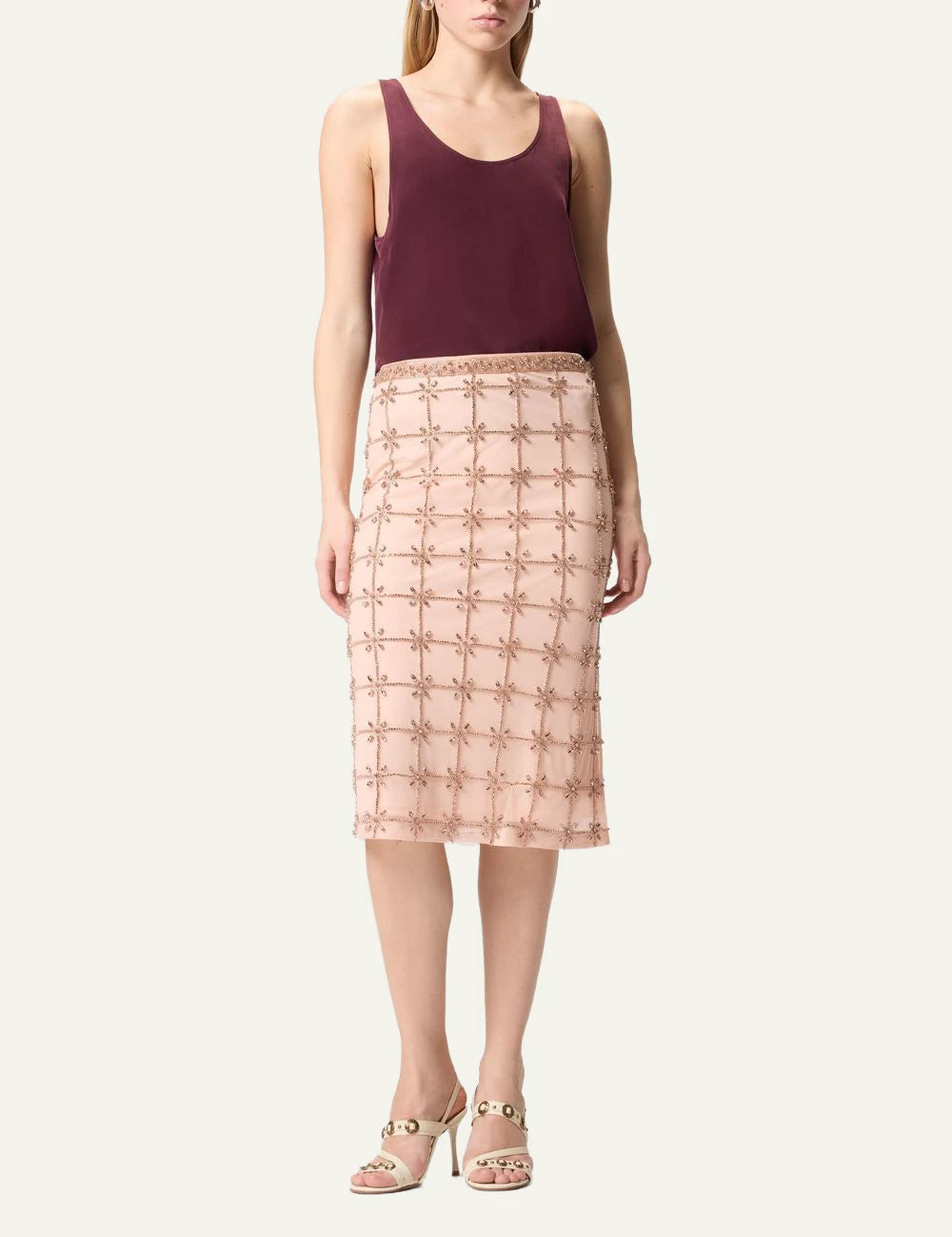 Pinko tulle skirt beige embroidered crystals beads midi front full body view