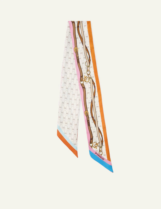 Pinko twilly scarf silk mix me Love Birds pattern kai multicolor stripes detail front view