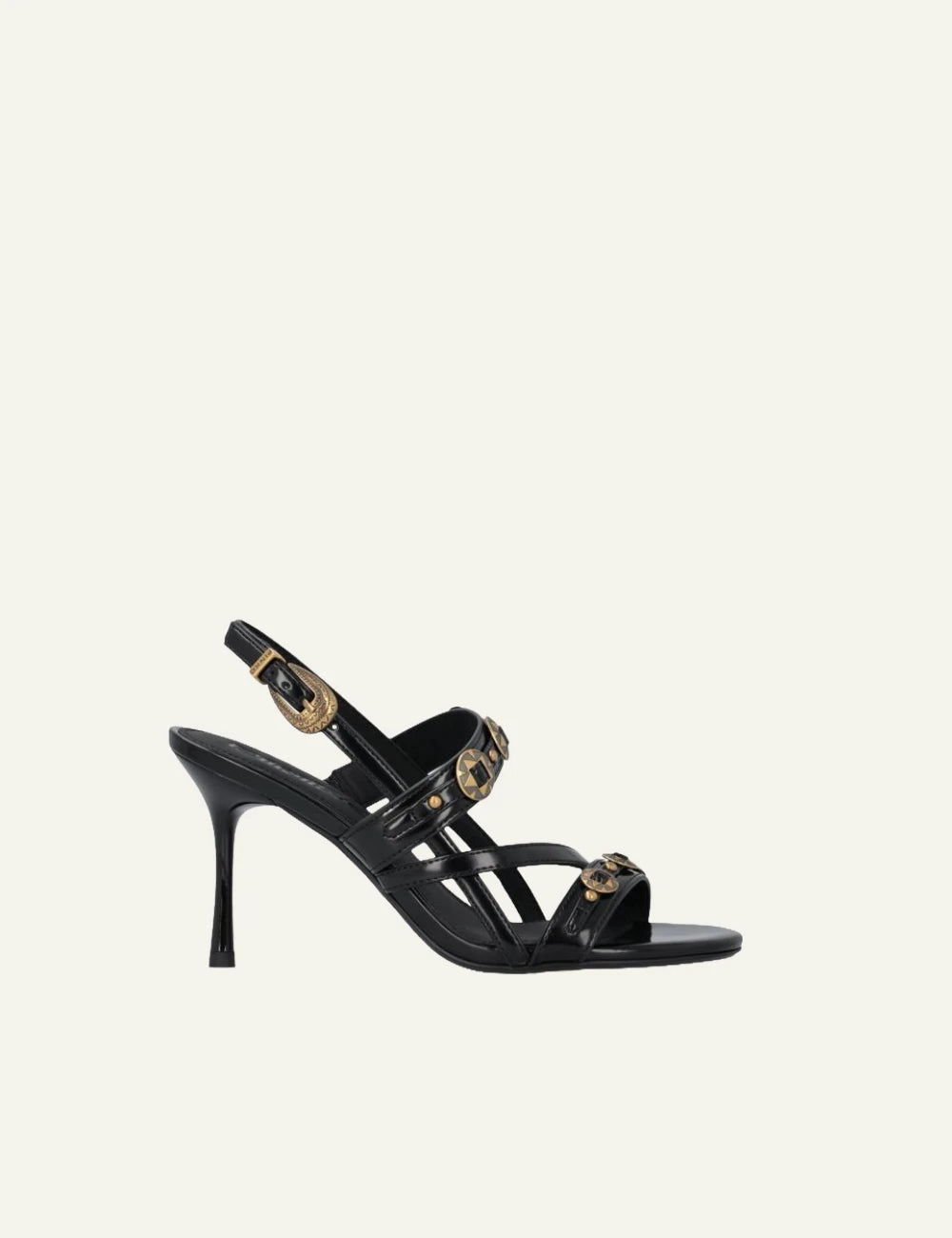 Pinko Vanda 01 black high heel slingback sandals with studs side view