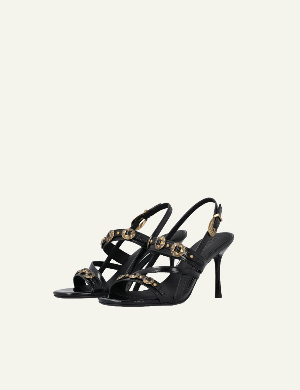 Pinko Vanda 01 black high heel slingback sandals with studs angled view